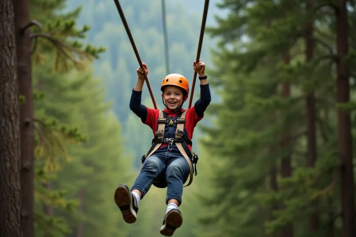 Adolescent en harnais et casque glissant sur une tyrolienne dans la forêt du parc de loisirs de Branféré en Bretagne, expression de pur plaisir et d'adrénaline