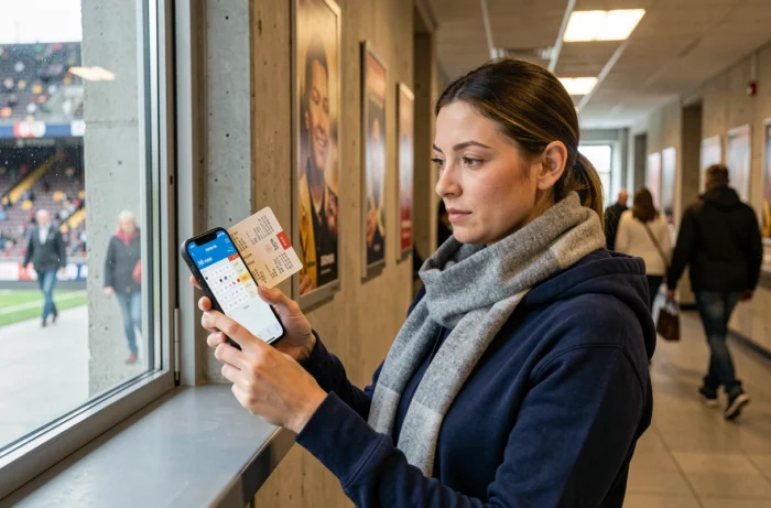 Femme comparant des billets au guichet du Stade Vélodrome avant un match