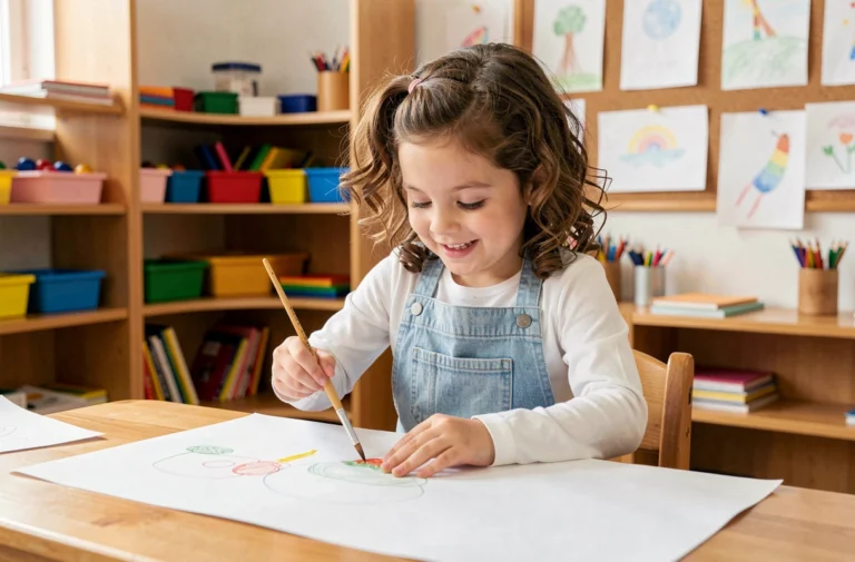 Jeune fille concentrée en train de peindre sur une table en bois dans une salle de classe colorée et éducative