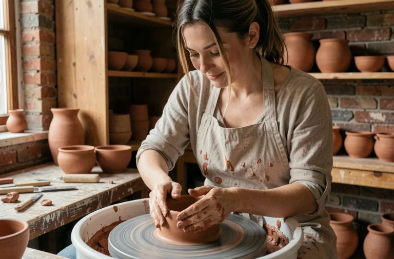 Femme pratiquant la poterie dans un atelier artisanal, mains dans l'argile sur un tour de potier, activité créative tendance pour le bien-être quotidien