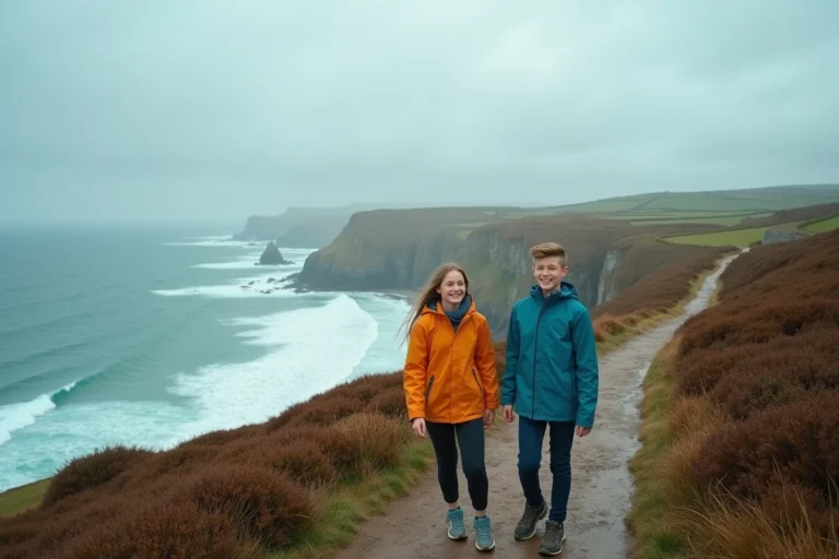 Deux adolescents souriants sur le sentier côtier breton avec falaises de granit et océan Atlantique en arrière-plan, illustrant les activités incontournables en Bretagne avec un ado