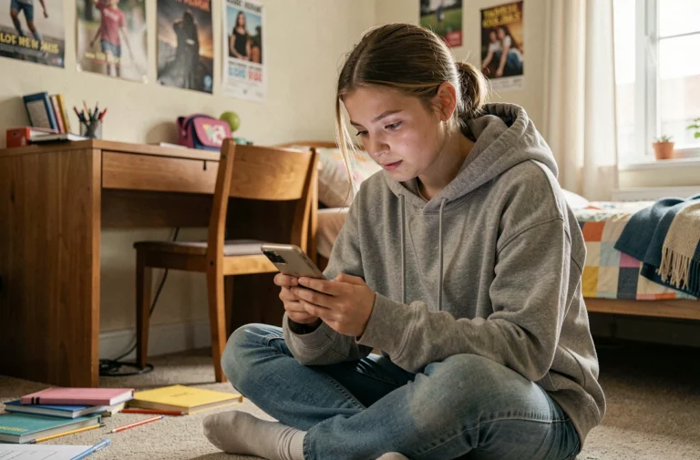 Adolescente assise sur le sol de sa chambre, consultant les forfaits mobiles sur son smartphone