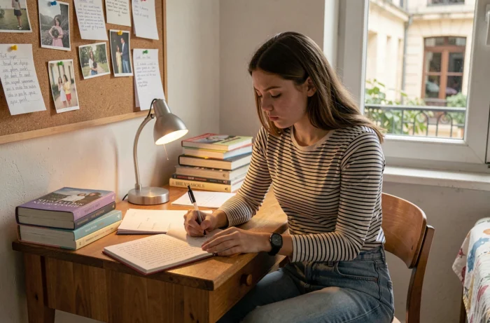 Adolescente recopiant les paroles de La Maison de ma Tante dans un cahier à son bureau d'étudiante