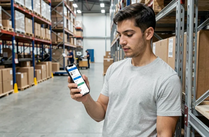 Agent logistique Chronopost consultant son espace CSE sur smartphone dans un entrepôt de tri