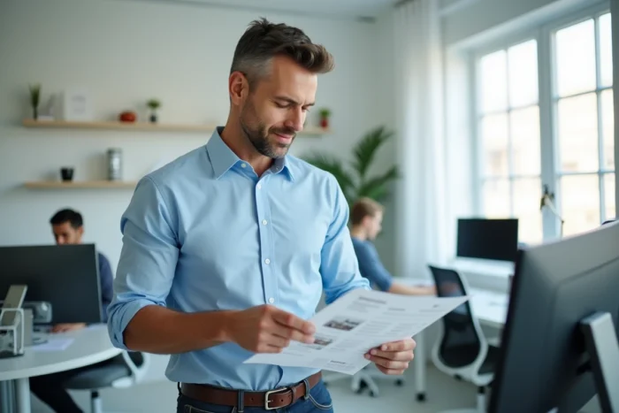 Agent immobilier consultant une annonce sur la plateforme 123 Loger dans une agence moderne