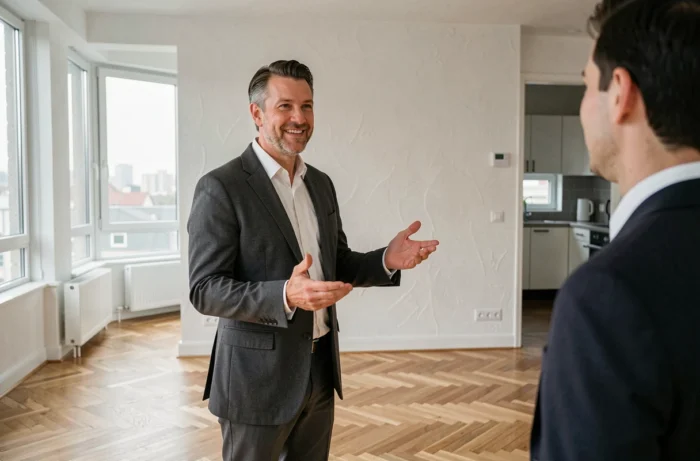 Agent immobilier présentant un appartement vide en location avec parquet en chevrons et grandes fenêtres