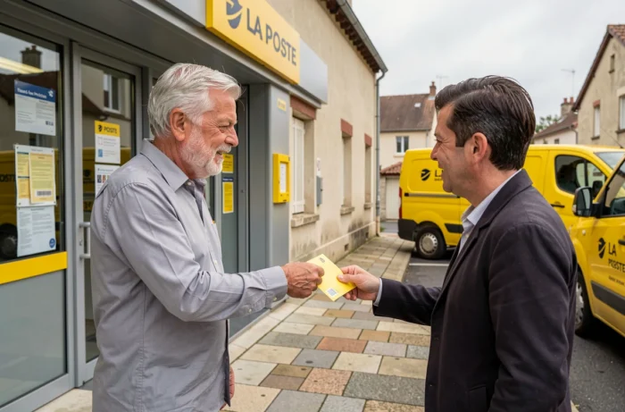 Agent de La Poste en fin de carrière devant un bureau de poste en zone urbaine