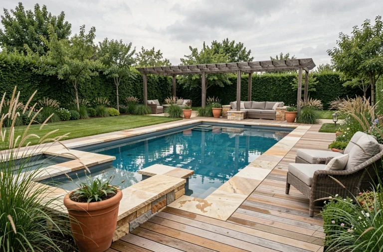 Vue d'ensemble d'une piscine extérieure moderne aménagée dans un jardin paysager avec terrasse bois, margelles en pierre et pergola