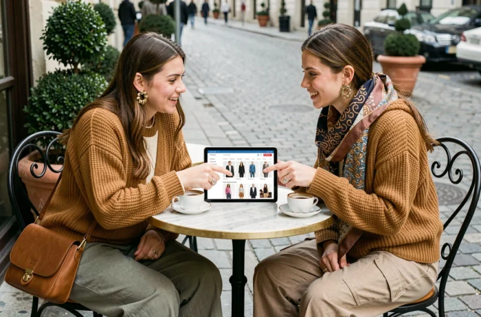 Deux amies passionnées de mode découvrant ensemble les dernières tendances sur une tablette en terrasse de café parisien