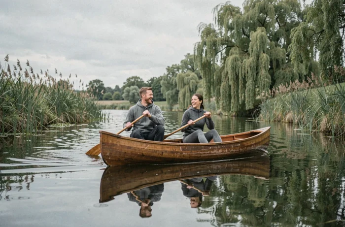 Deux amis en canoë sur une rivière calme entourée de végétation lors d'une sortie nature en plein air
