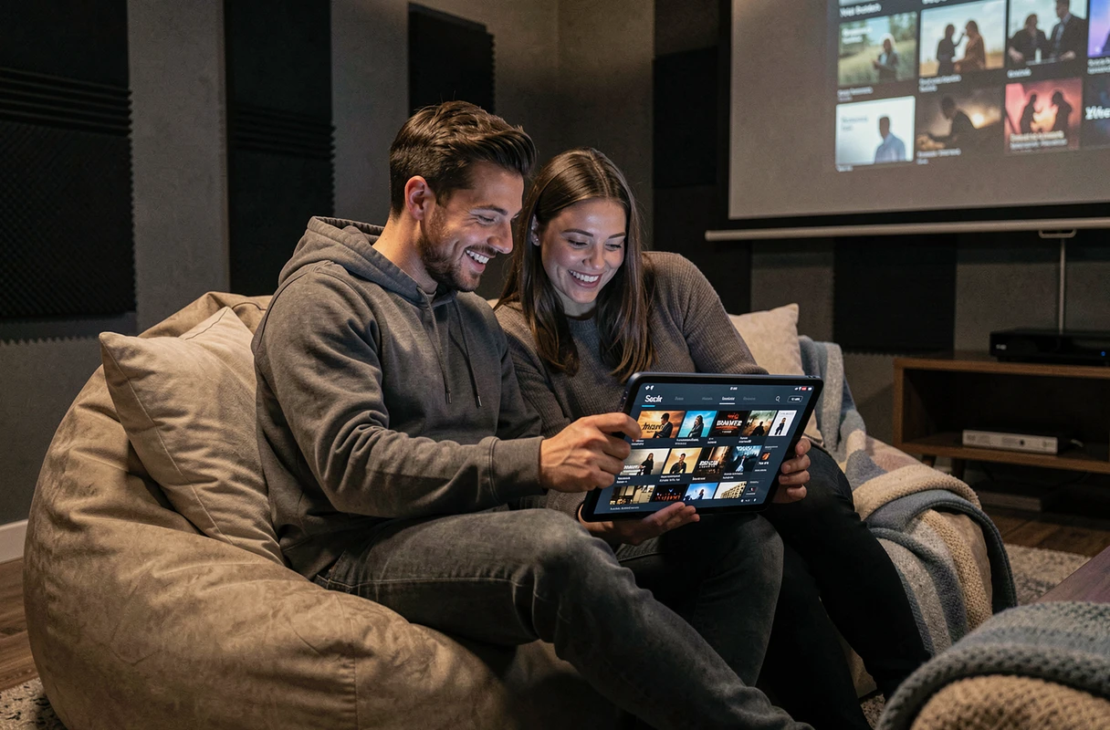 Deux amis choisissant un film à télécharger sur une tablette dans une salle de cinéma maison