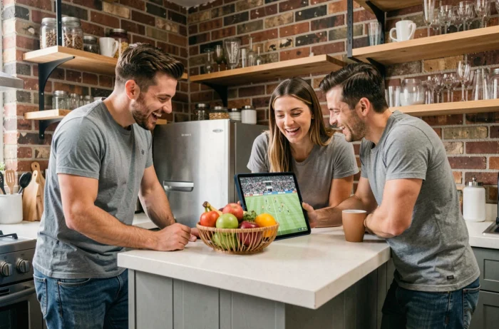 Groupe d'amis regardant un événement sportif en streaming sur une tablette dans une cuisine d'appartement