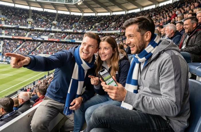 Groupe d'amis en tribune haute du Stade Vélodrome comparant les prix des places pendant un match