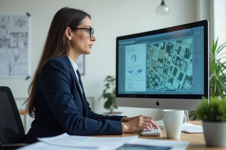 Femme professionnelle analysant des données foncières sur un écran d'ordinateur dans un bureau moderne