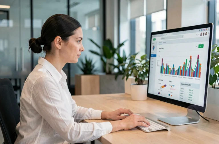 Femme professionnelle analysant la visibilité web de son site sur un écran d'ordinateur avec des graphiques SEO
