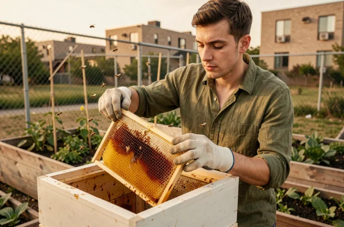 Jeune apiculteur amateur extrayant un cadre de miel doré d'une ruche dans un jardin partagé en milieu urbain