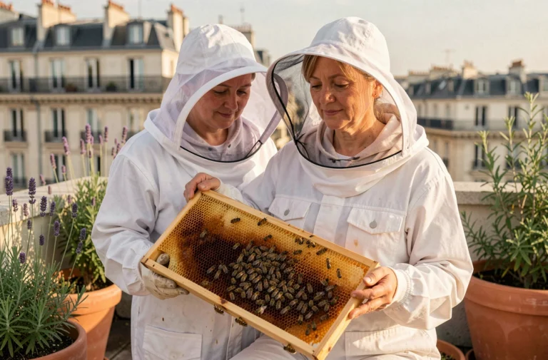 Apicultrice urbaine en combinaison blanche inspectant un cadre de ruche sur un toit parisien entouré de plantes aromatiques