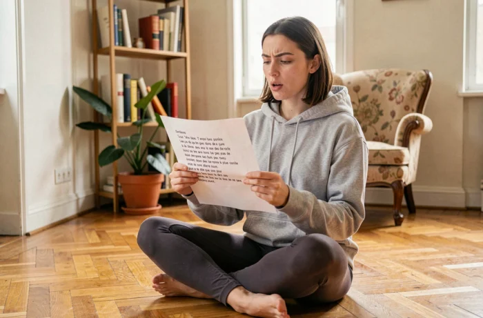 Jeune femme apprenant les paroles de La Maison de ma Tante chez elle sur le sol de son salon