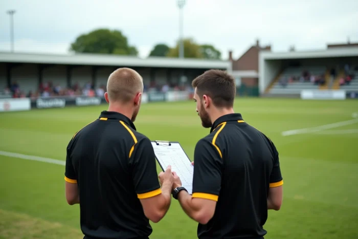Arbitres de rugby fédéral consultant la feuille de match à côté d'un terrain municipal