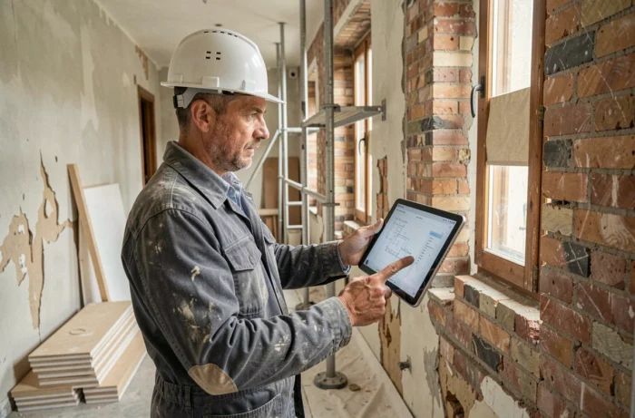 Artisan en rénovation consultant un plan numérique dans un couloir de copropriété en cours de travaux de réhabilitation