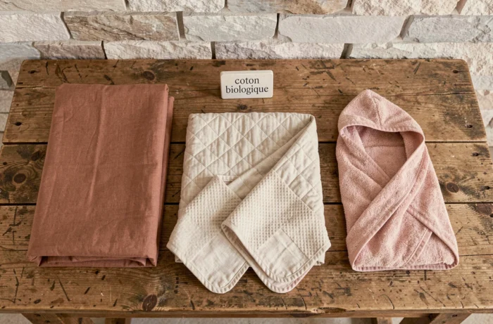Assortiment de linge de maison bébé en coton biologique de marques françaises disposé sur une table en chêne