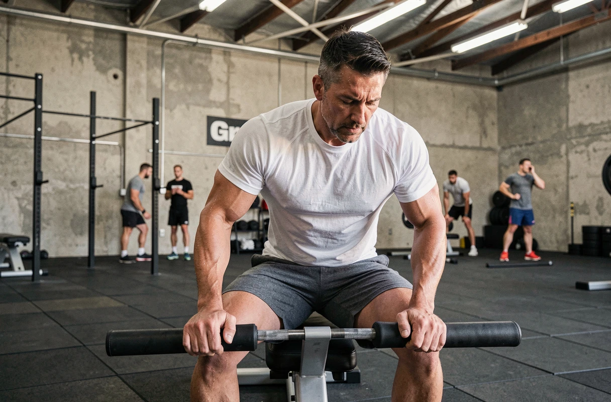 Athlète masculin en pause sur une chaise romaine dans un box CrossFit avec ambiance industrielle
