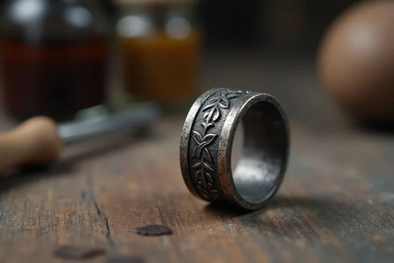 Bague en argent ternie avec oxydation visible posée sur une surface en bois usé, illustrant le changement de couleur des bijoux au fil du temps