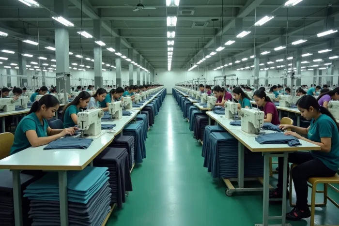 Grande usine de confection au Bangladesh avec des ouvrières travaillant sur des machines à coudre industrielles en chaîne