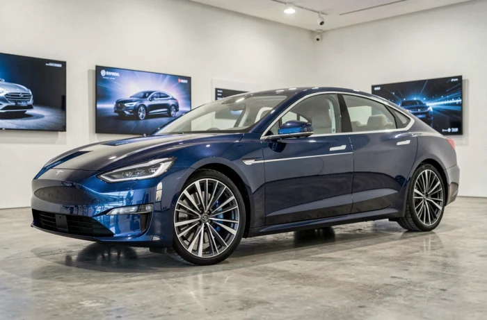 Berline électrique moderne au design aérodynamique exposée dans un showroom automobile contemporain avec sol en béton poli