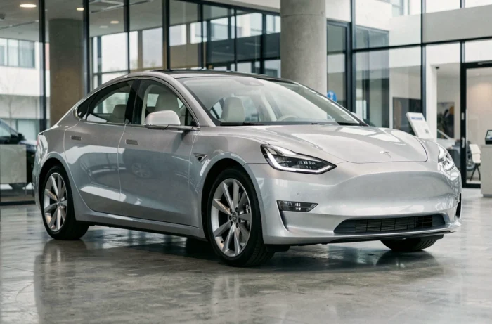 Nouvelle berline électrique exposée dans un showroom automobile moderne avec design aérodynamique et finitions premium