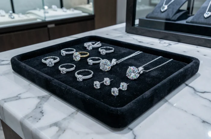 Plateau de bijoux en diamant comprenant bagues, collier et boucles d'oreilles exposés sur un velours sombre en boutique joaillière
