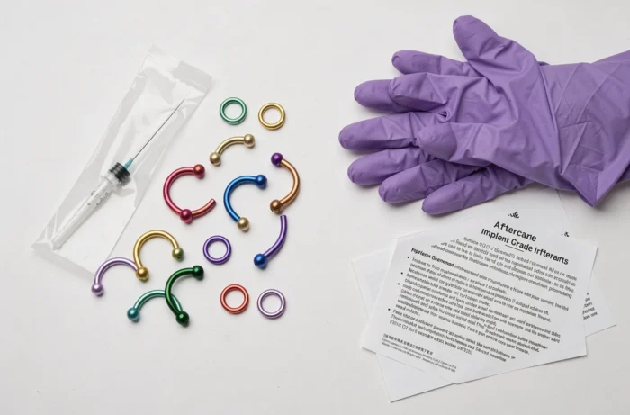Sélection de bijoux en titane implant-grade pour piercing intime posés sur surface médicale blanche avec matériel stérile