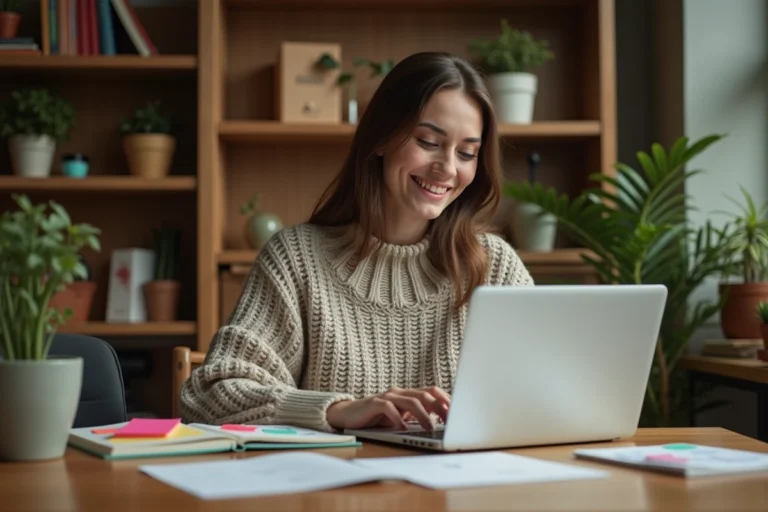 Femme créative travaillant sur son blog lifestyle depuis un bureau en bois chaleureux entouré de carnets et de plantes