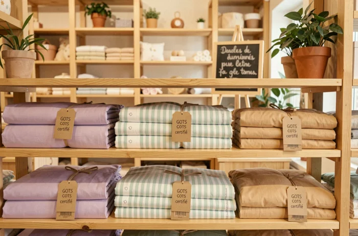 Rayon d'une boutique parisienne présentant du linge de lit enfant en coton biologique certifié GOTS de marques françaises