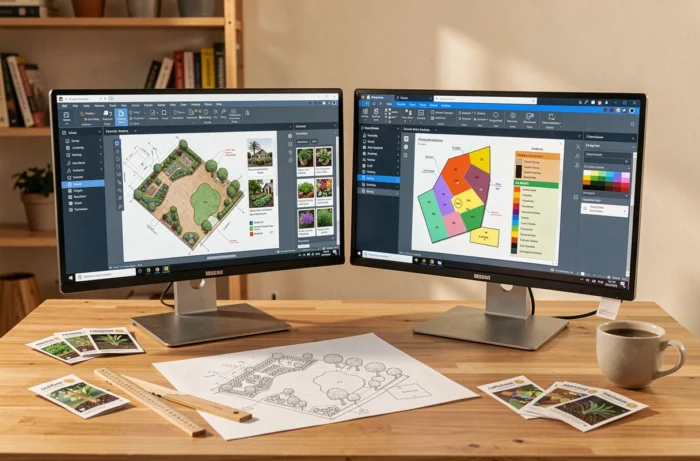 Bureau avec logiciel professionnel gratuit d'aménagement paysager ouvert sur deux écrans, entouré d'outils de jardinage et de plans imprimés
