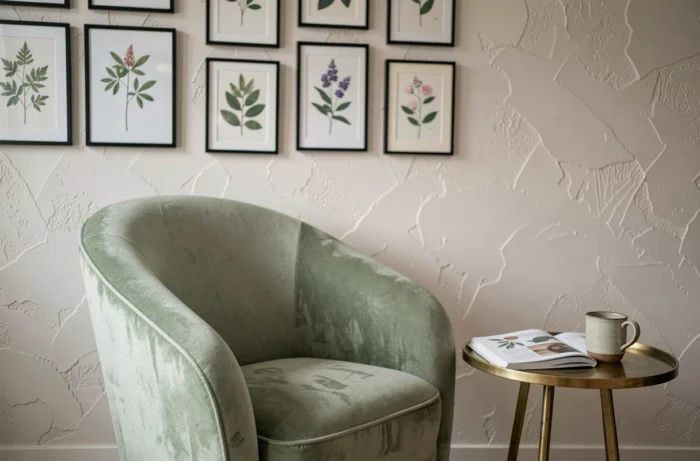 Coin bureau maison style mid-century avec fauteuil velours vert sauge, table laiton et mur galerie de gravures botaniques, inspiration décoration intérieure