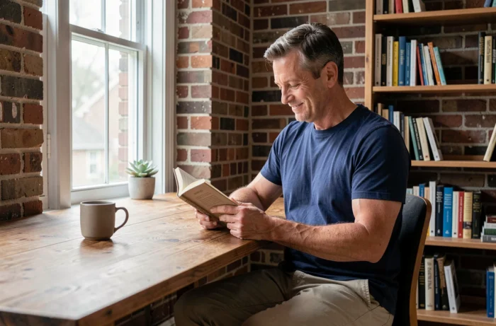 Homme lisant un livre dans un bureau à domicile éclairé par la lumière naturelle d'une fenêtre