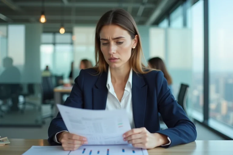 Femme cadre en blazer marine consultant des documents financiers liés au calcul de ses allocations chômage dans un bureau moderne