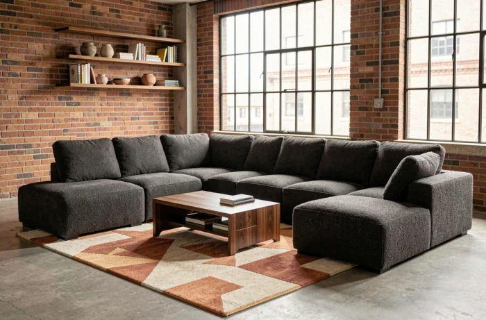 Configuration modulaire d'un canapé en bouclé anthracite dans un salon contemporain avec briques apparentes