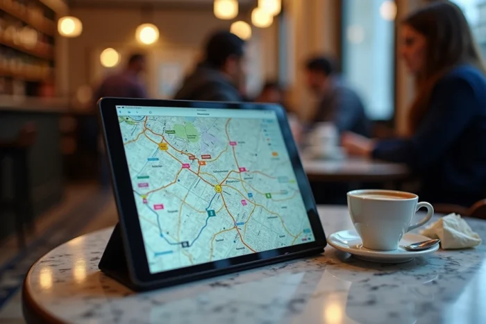 Carte numérique interactive des arrondissements de Paris affichée sur une tablette dans un café parisien