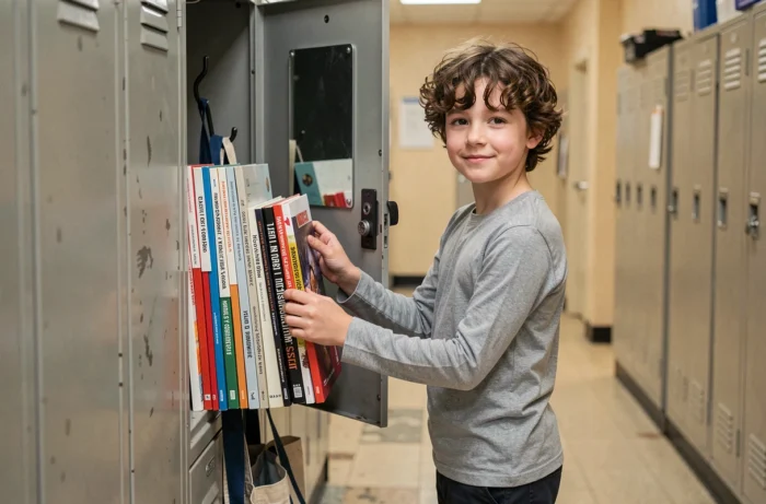 Collégien rangeant ses manuels scolaires et affaires dans son casier bien organisé au collège