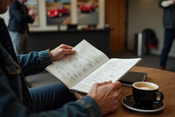Mains feuilletant un catalogue de vente aux enchères automobiles avec des notes manuscrites