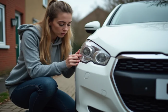Femme remplaçant elle-même le feu de jour LED sur une Peugeot 308 phase 2 blanche dans une allée résidentielle