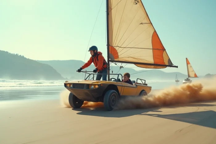 Adolescent en char à voile sur une plage de sable du Finistère Nord, casqué et concentré, laissant une traînée de sable derrière lui sur le littoral breton