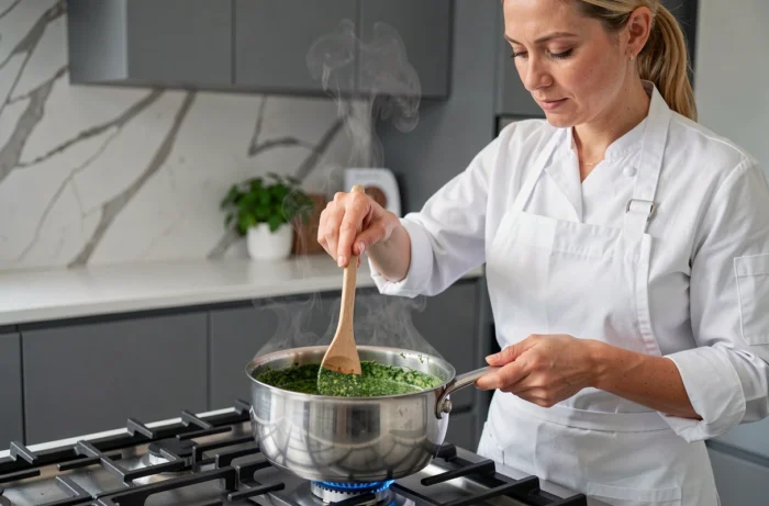 Cheffe cuisinière préparant une sauce crémeuse aux épinards dans une casserole en inox dans une cuisine moderne