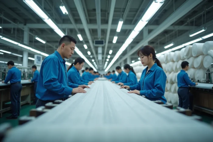 Usine textile automatisée en Chine avec des ouvriers en uniforme supervisant des métiers à tisser industriels