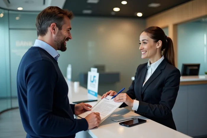 Client signant un contrat de crédit Flex LCL avec un conseiller bancaire en agence