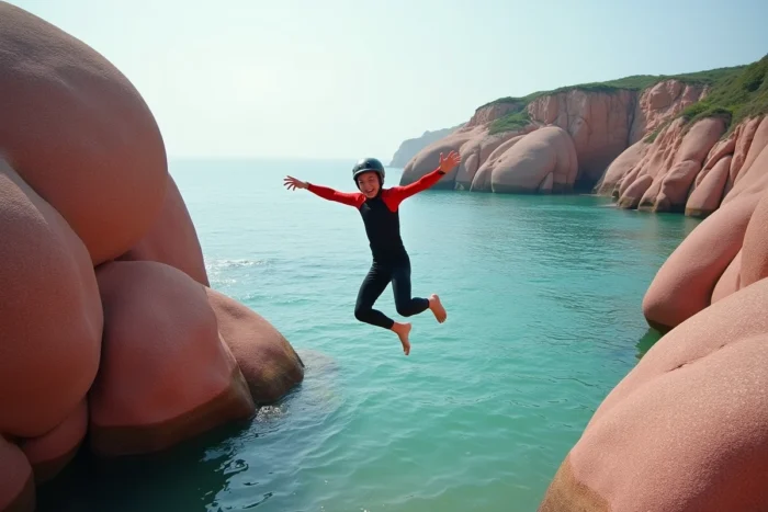 Adolescent en combinaison sautant depuis un rocher de granit rose dans une crique lors d'une session de coasteering sur la Côte de Granit Rose en Bretagne