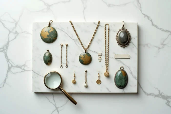 Collection de bijoux à différents stades d'oxydation et de ternissement disposés sur marbre blanc, cuivre verdi, argent noirci et plaqué or jauni