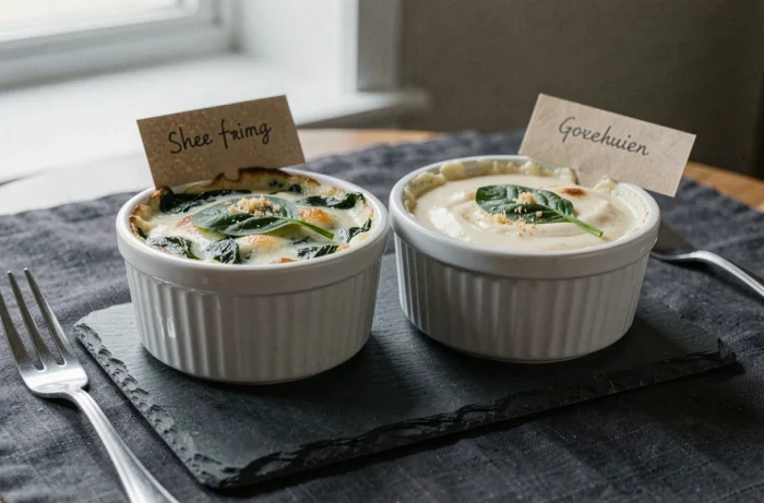 Deux ramequins côte à côte présentant un gratin d'épinards au lait et un gratin d'épinards à la crème sur une ardoise